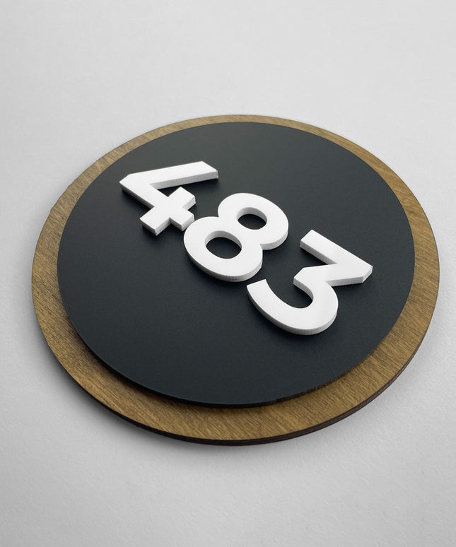 Round Design room number sign by ALUMADESIGNCO crafted from birch wood and black acrylic numbers, modern wood and acrylic door plaque for hotels, apartments, and contemporary interiors