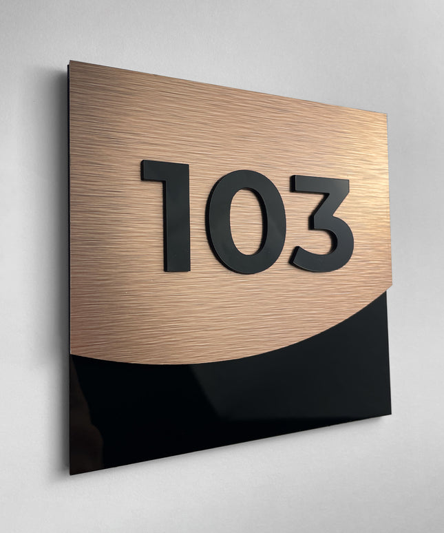 3D layered bronze and black acrylic apartment door number sign by ALUMADESIGNCO, premium door plaque for residential buildings and contemporary interiors