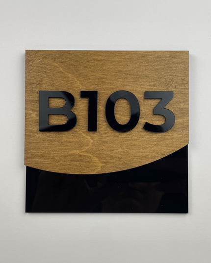 ALUMADESIGNCO Flow Design premium acrylic and wood hotel room number sign, modern door signage for hotels, apartments, Airbnb properties, and offices
