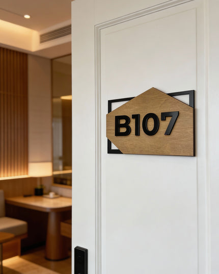 ALUMADESIGNCO condominium door number sign in birch wood and acrylic with raised numbers, modern signage for condos, apartments, Airbnb properties, and offices