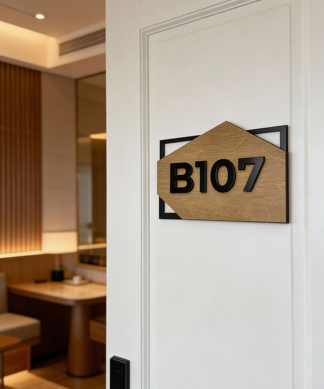 ALUMADESIGNCO condominium door number sign in birch wood and acrylic with raised numbers, modern signage for condos, apartments, Airbnb properties, and offices
