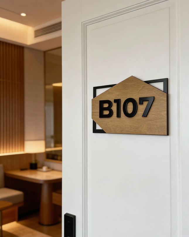 ALUMADESIGNCO condominium door number sign in birch wood and acrylic with raised numbers, modern signage for condos, apartments, Airbnb properties, and offices