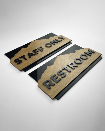 ALUMADESIGNCO Alpine birch wood door plaque with black acrylic text, premium wall signage for offices, Airbnb properties, hotels, and residential interiors