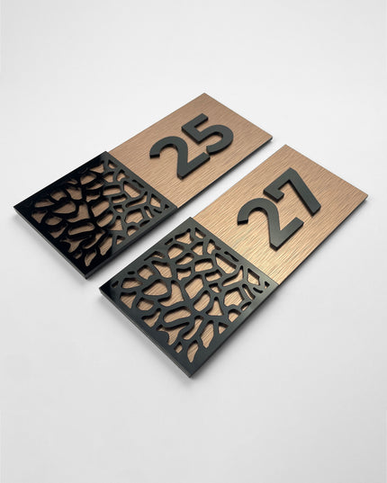 ALUMADESIGNCO designer door number sign with brushed bronze plaque and black acrylic glass numbers, modern door signage for hotels, apartments, Airbnb properties, and offices