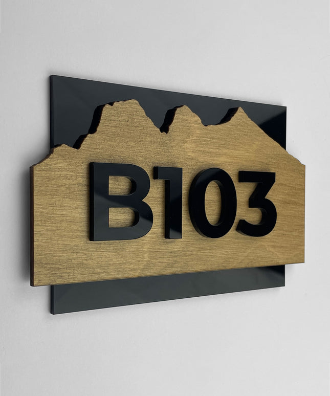 Hotel room number sign Alpine Design by ALUMADESIGNCO featuring birch plywood base and acrylic glass numbers, modern Scandinavian door plaque for hotel corridors and Airbnb interiors