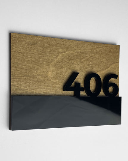Custom wooden door number sign Horizon Design by ALUMADESIGNCO featuring natural birch wood base and raised glossy black acrylic numbers for modern hotel rooms and apartments
