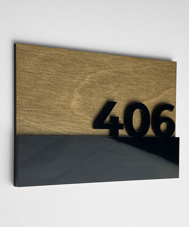 Custom wooden door number sign Horizon Design by ALUMADESIGNCO featuring natural birch wood base and raised glossy black acrylic numbers for modern hotel rooms and apartments
