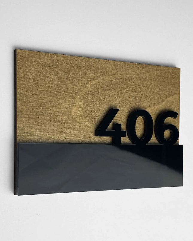 Custom wooden door number sign Horizon Design by ALUMADESIGNCO featuring natural birch wood base and raised glossy black acrylic numbers for modern hotel rooms and apartments