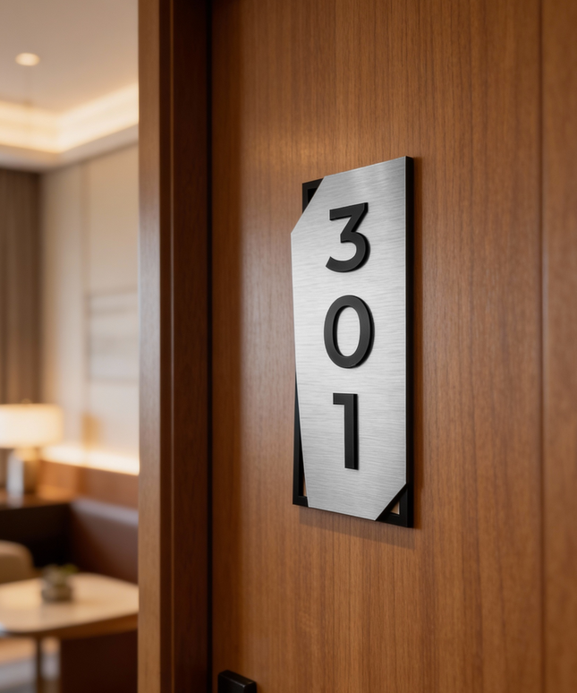 ALUMADESIGNCO vertical door number sign in brushed silver aluminum and black acrylic glass numbers, modern wall signage for hotels, apartments, and office interiors