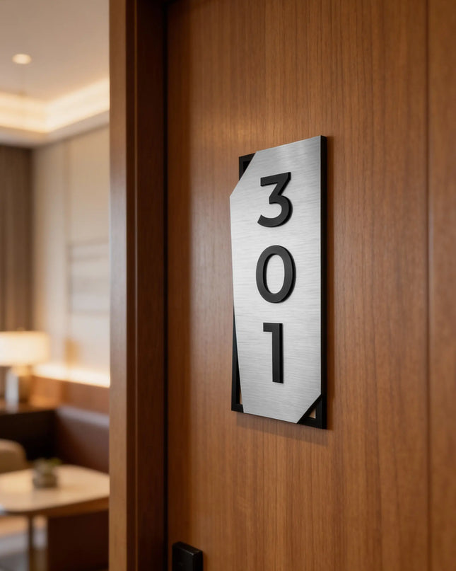 ALUMADESIGNCO vertical door number sign in brushed silver aluminum and black acrylic glass numbers, modern wall signage for hotels, apartments, and office interiors