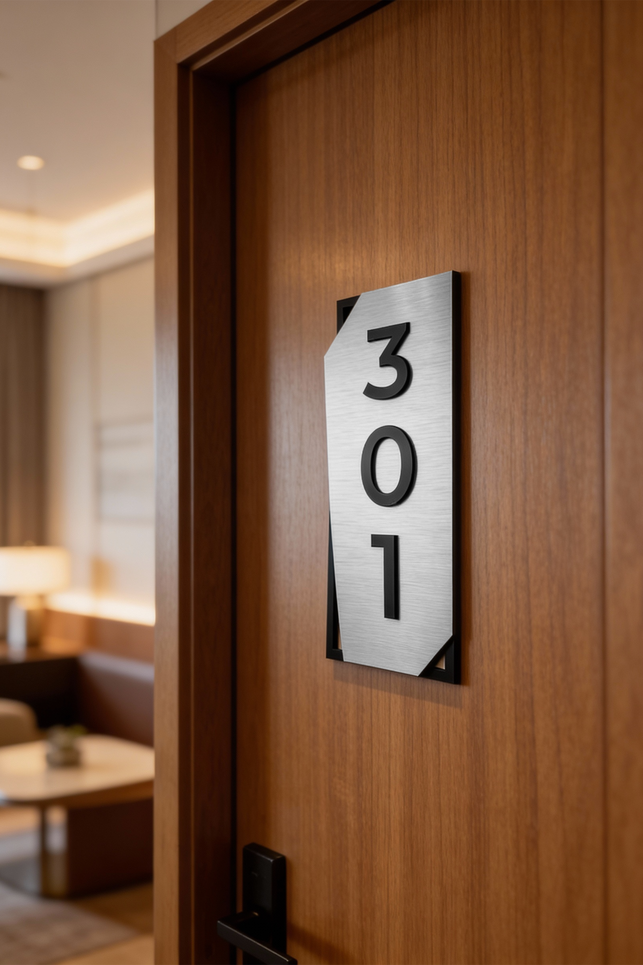 ALUMADESIGNCO vertical door number sign in brushed silver aluminum and black acrylic glass numbers, modern wall signage for hotels, apartments, and office interiors