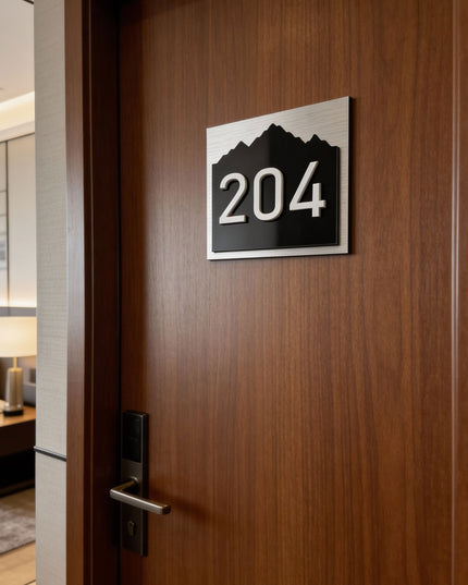 ALUMADESIGNCO Alpine Design interior 3D room number sign with raised acrylic numbers, modern door signage for hotels, apartments, and contemporary interiors