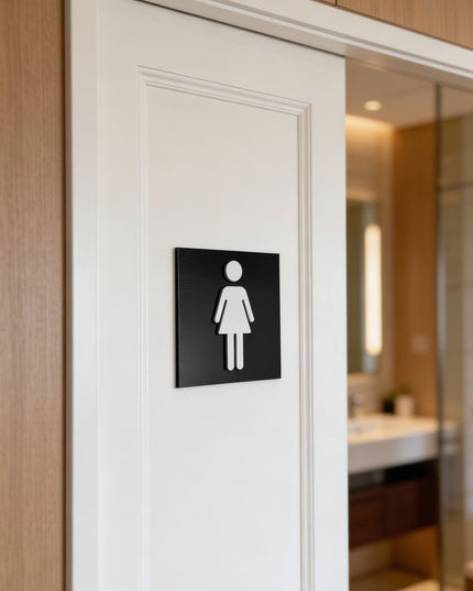 Women’s restroom sign by ALUMADESIGNCO, elegant toilet door plaque for hotels, offices, restaurants, and modern public interior spaces