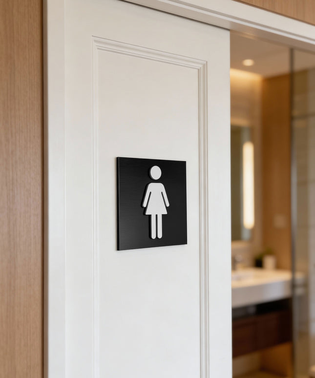 Women’s restroom sign by ALUMADESIGNCO, elegant toilet door plaque for hotels, offices, restaurants, and modern public interior spaces