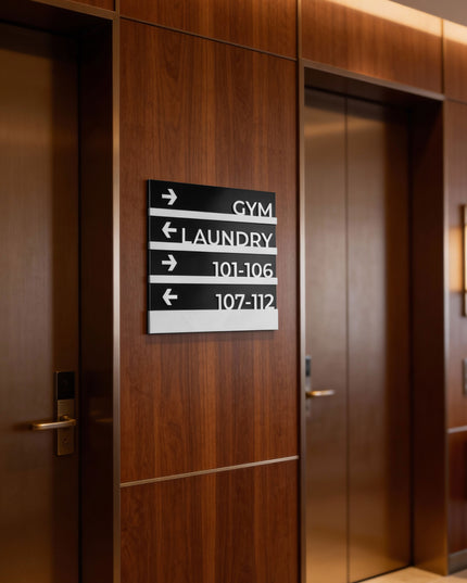 ALUMADESIGNCO Modern Design wayfinding wall plaque with custom directional text, premium signage for offices, hotels, apartments, and contemporary interiors