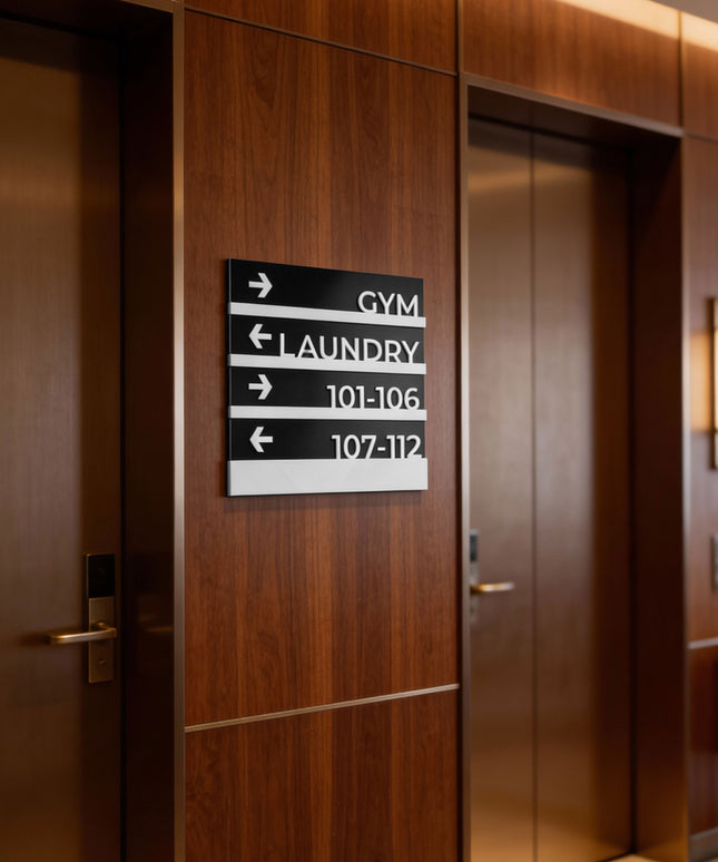 ALUMADESIGNCO Modern Design wayfinding wall plaque with custom directional text, premium signage for offices, hotels, apartments, and contemporary interiors