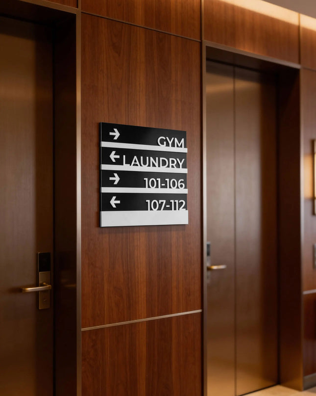 ALUMADESIGNCO Modern Design wayfinding wall plaque with custom directional text, premium signage for offices, hotels, apartments, and contemporary interiors