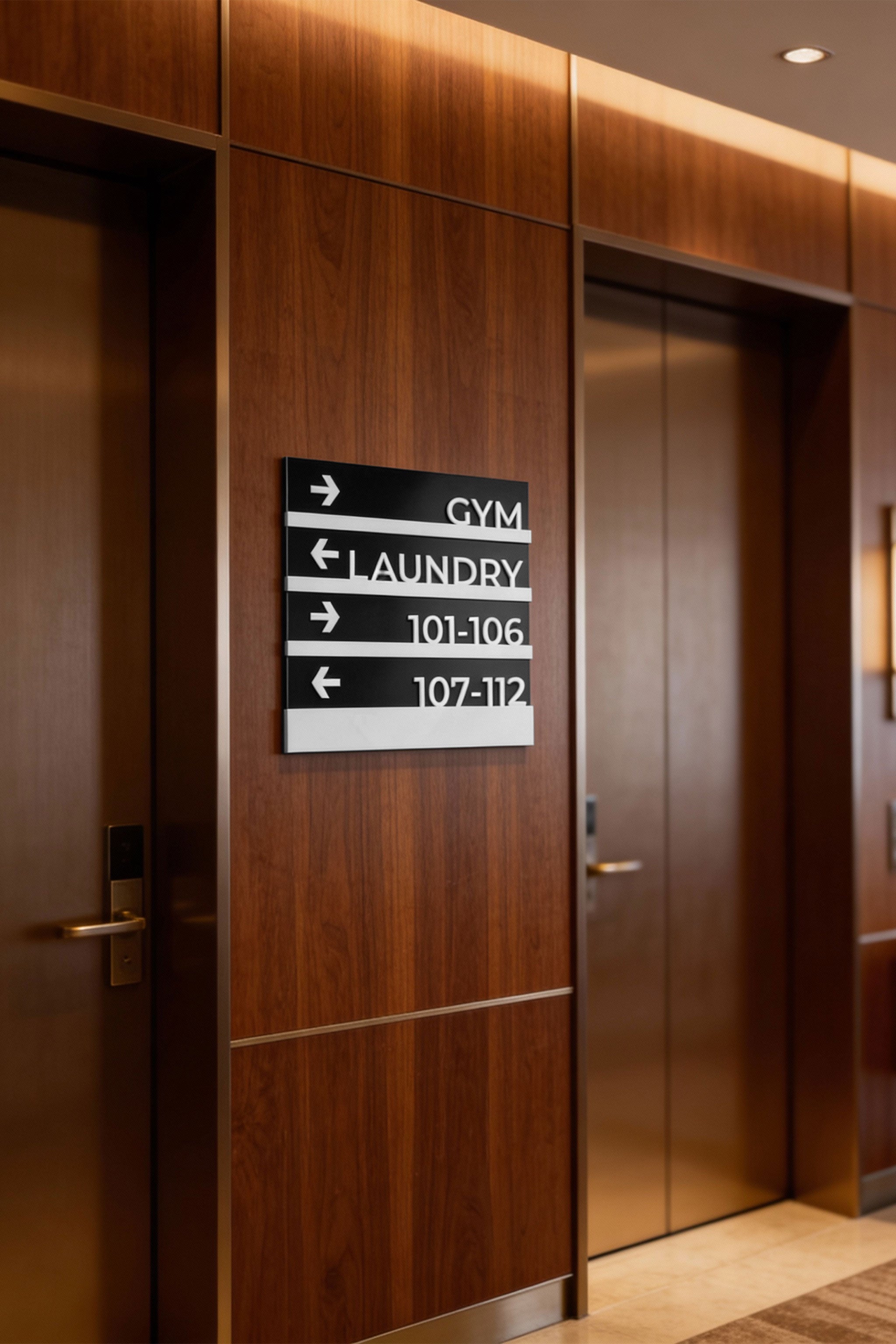 ALUMADESIGNCO Modern Design wayfinding wall plaque with custom directional text, premium signage for offices, hotels, apartments, and contemporary interiors