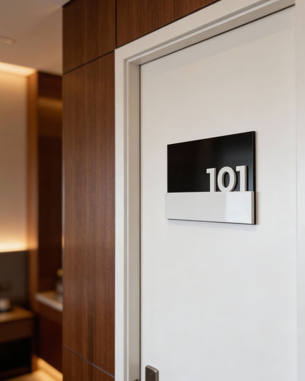 Modern Horizon Design black room number sign by ALUMADESIGNCO combining sleek materials and acrylic numbers, stylish door signage for contemporary interiors