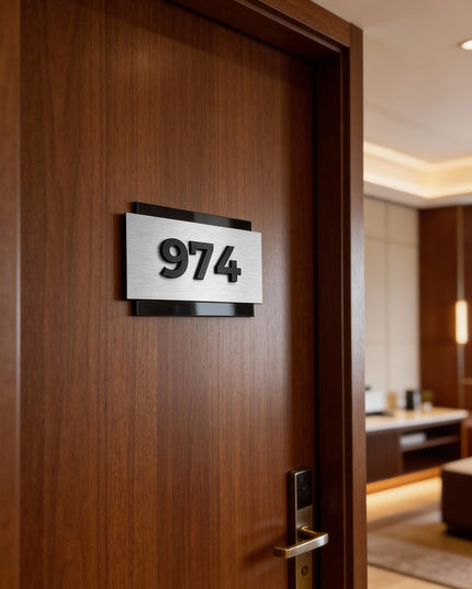 ALUMADESIGNCO elegant door number sign with acrylic numbers and brushed metal plaque, premium signage for boutique hotels and residential interiors