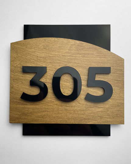 ALUMADESIGNCO custom wood and acrylic door number sign with natural birch plywood base and raised black acrylic numbers, modern Scandinavian door plaque for hotels, apartments, Airbnb, and office interiors
