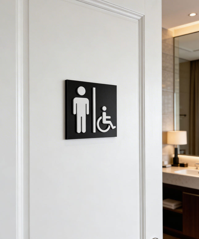 Men’s and disabled restroom sign by ALUMADESIGNCO, modern accessible toilet door plaque for hotels, offices, restaurants, and public interior spaces