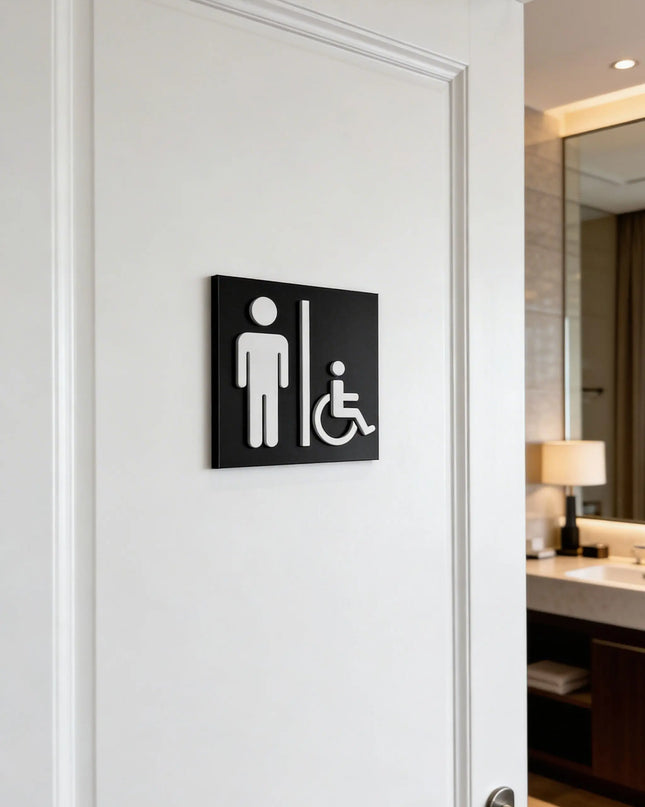 Men’s and disabled restroom sign by ALUMADESIGNCO, modern accessible toilet door plaque for hotels, offices, restaurants, and public interior spaces