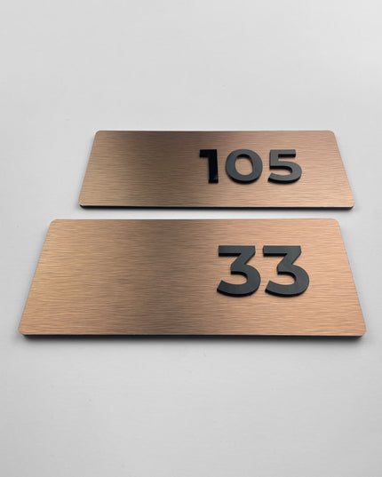 ALUMADESIGNCO brushed bronze Classic apartment number sign with minimalist modern design, premium signage for apartments, Airbnb properties, and office spaces