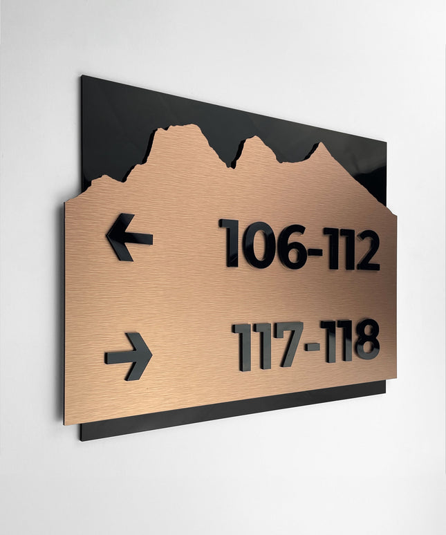 Brushed bronze and acrylic directional way sign Alpine Design by ALUMADESIGNCO, elegant wall signage for offices, hotels, corridors, and modern interior spaces