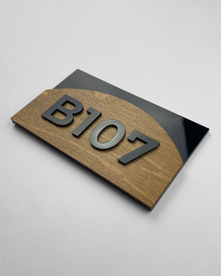 ALUMADESIGNCO Flow birch plywood door number plaque with black acrylic glass numbers, modern signage for hotels, offices, and residential interiors