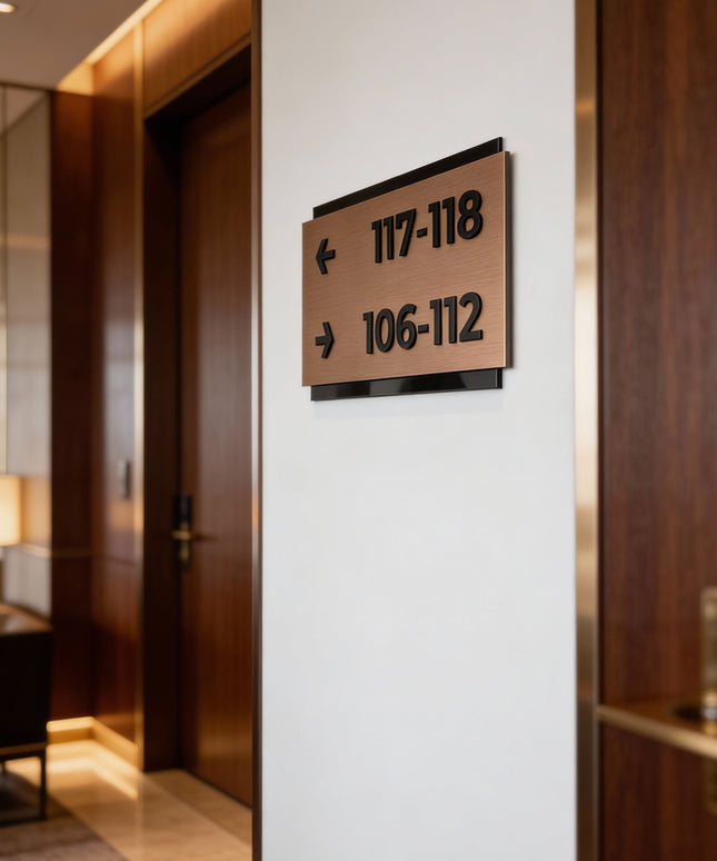 ALUMADESIGNCO personalized wayfinding wall sign in Modern Design with custom text, premium directional signage for offices, hotels, apartments, and contemporary interiors