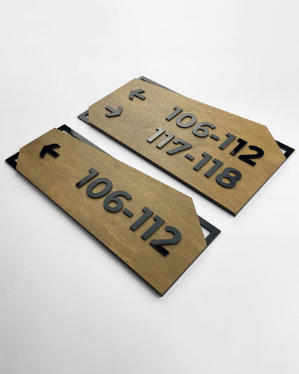 ALUMADESIGNCO custom wall wayfinding sign with natural birch wood and black acrylic lettering, stylish directional signage for offices, hospitality spaces, apartment buildings, and interiors