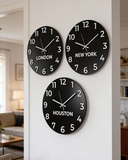 Customisable time zone wall clock by ALUMADESIGNCO featuring personalized city name plaques, elegant wall clock for offices, reception areas, and modern spaces