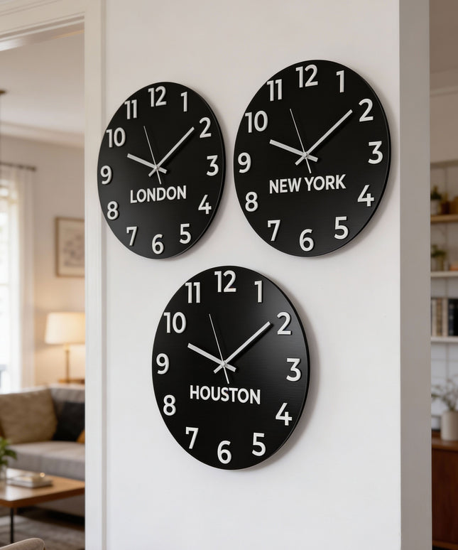 Customisable time zone wall clock by ALUMADESIGNCO featuring personalized city name plaques, elegant wall clock for offices, reception areas, and modern spaces