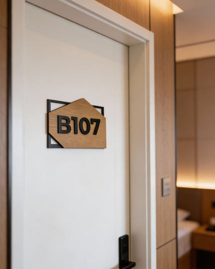 Condominium door number sign by ALUMADESIGNCO made from natural birch wood and acrylic numbers, modern door signage for residential and commercial interiors