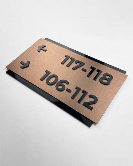 Modern personalized wayfinding sign by ALUMADESIGNCO with custom lettering, stylish wall signage for offices, hotels, apartments, and interior navigation
