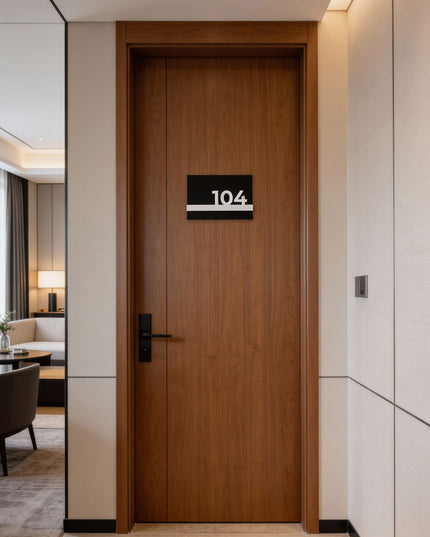 Modern hotel room door sign by ALUMADESIGNCO combining black metal panel and white acrylic numbers, elegant signage for hospitality interiors