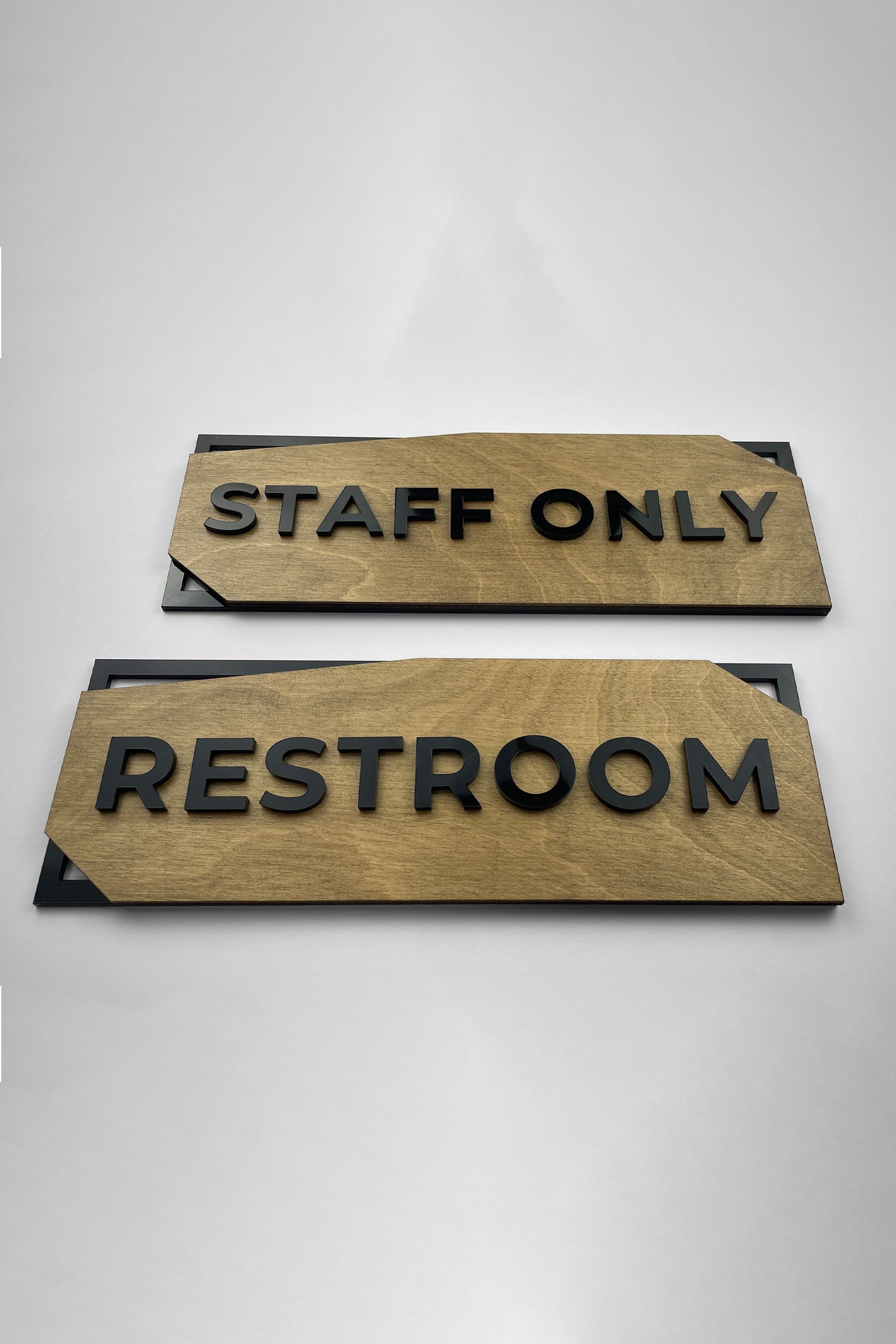 ALUMADESIGNCO birch wood door plaque with black acrylic text, modern custom signage for offices, hotels, and residential spaces