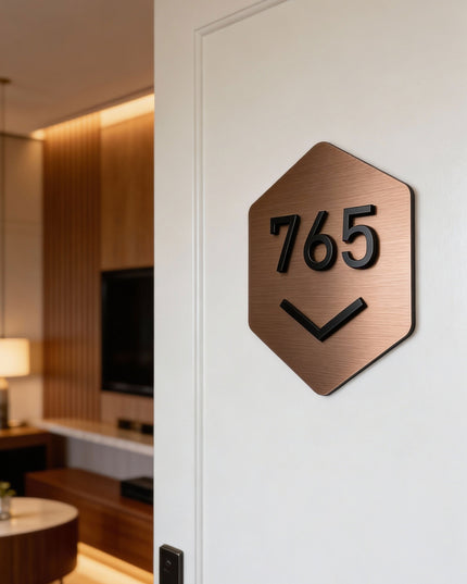 Modern Hexagon Design brushed bronze room number sign by ALUMADESIGNCO combining silver metal panel and acrylic numbers, stylish door signage for contemporary interiors