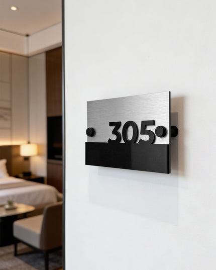 Standoff silver unit wall number sign by ALUMADESIGNCO featuring brushed silver aluminum panel and 3D acrylic numbers, modern Horizon design door plaque for hotels and apartments