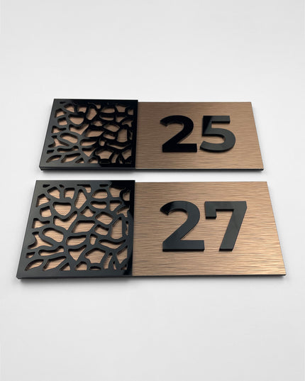 Designer brushed bronze and acrylic glass door number sign by ALUMADESIGNCO, premium door plaque for hotel rooms, apartment doors, and contemporary interiors