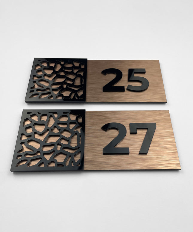 Designer brushed bronze and acrylic glass door number sign by ALUMADESIGNCO, premium door plaque for hotel rooms, apartment doors, and contemporary interiors