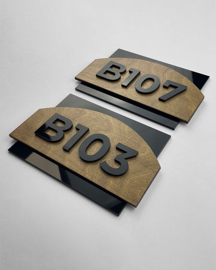 ALUMADESIGNCO wood and acrylic hotel room number sign with modern Scandinavian design, custom door number plaque for hotels, apartments, and contemporary interiors