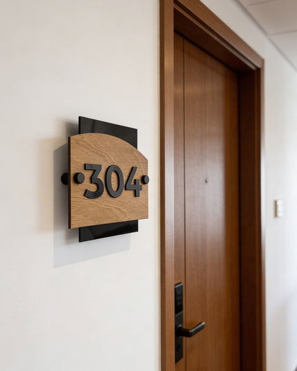 Flow Design wood and acrylic room number sign by ALUMADESIGNCO with standoff mounting, modern door plaque for hotels, Airbnb, and office interiors
