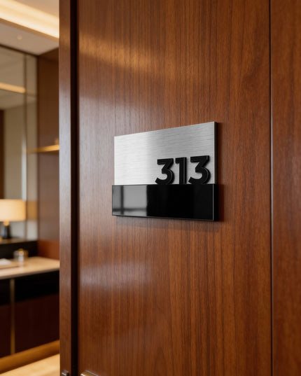 Elegant brushed silver door number sign Horizon Design by ALUMADESIGNCO featuring metal plaque and acrylic numbers, modern signage for hotel rooms and apartment doors
