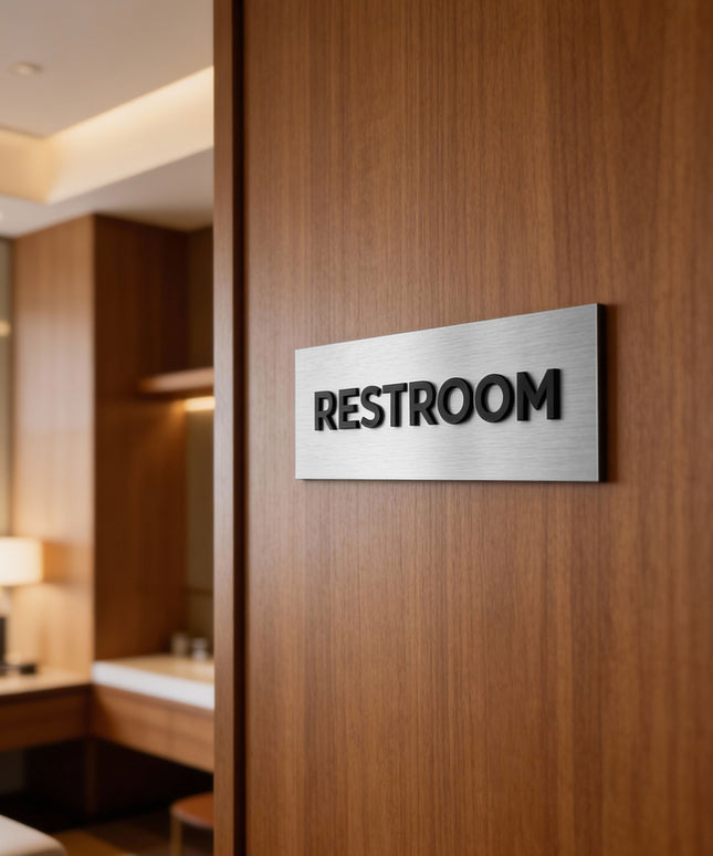 Modern custom door sign by ALUMADESIGNCO combining brushed silver metal panel and black acrylic lettering, stylish signage for offices and interiors