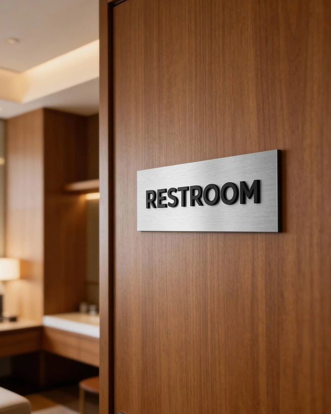 Modern custom door sign by ALUMADESIGNCO combining brushed silver metal panel and black acrylic lettering, stylish signage for offices and interiors