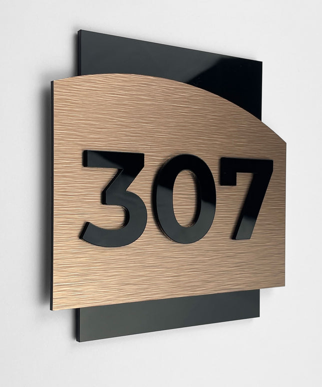 ALUMADESIGNCO luxury hotel room number sign with bronze plaque and black acrylic glass numbers, premium door signage for boutique hotels, apartments, and office interiors
