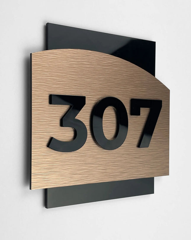ALUMADESIGNCO luxury hotel room number sign with bronze plaque and black acrylic glass numbers, premium door signage for boutique hotels, apartments, and office interiors