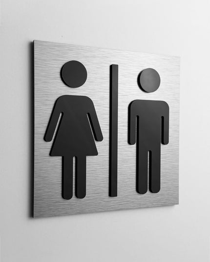 ALUMADESIGNCO Silver male and female bathroom door sign with minimalist modern style, restroom signage for offices, hotels, restaurants, and contemporary interiors